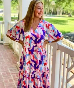 OO Boutique Satin Abstract Flutter Sleeve Maxi Dress (Royal/Pink) Dresses