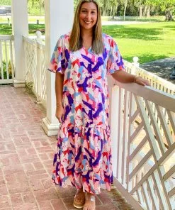 OO Boutique Satin Abstract Flutter Sleeve Maxi Dress (Royal/Pink) Dresses