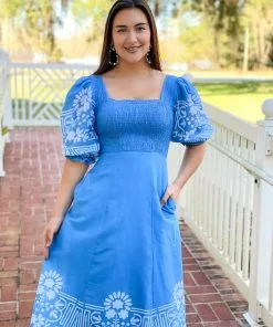 Olivia James The Label Bridget Midi Dress (Garden Gate Sky)