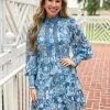 Beulah Style High Collar Mini Dress (Blue Multi) Dresses