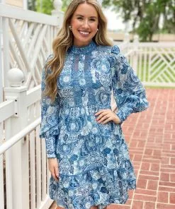 Beulah Style High Collar Mini Dress (Blue Multi) Dresses