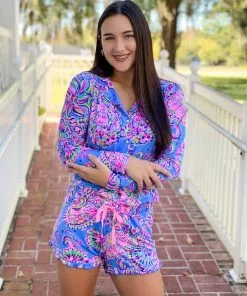 Lilly Pulitzer PJ Knit LS Button-Up Top (Mermaid Grotto)