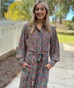 OO Boutique Dresses Lightweight Midi Shirt Dress (Ditsy Floral Print)