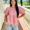 OO Boutique Puff Sleeve Eyelet Top (Rose)