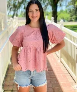 OO Boutique Puff Sleeve Eyelet Top (Rose)