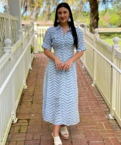 Wild Pony Maxi Shirt Dress (Blue Zig Zag)