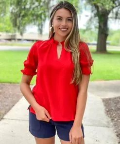 OO Boutique Ruffled Short Sleeve Blouse (Red) Tops