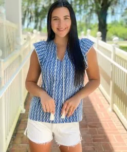 OO Boutique Flutter Sleeve Tie Top (Blues Eye)