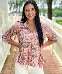 Ivy Jane Tops Metallic Floral Top (Coral)