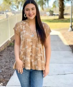 Ivy Jane Trellis Floral Peplum Top (Khaki) Tops