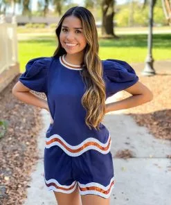 OO Boutique Wavy Short Set (Navy/Orange)