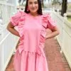 English Factory Mixed Media Ruffle Detail Mini Dress (Pink)