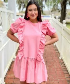 English Factory Mixed Media Ruffle Detail Mini Dress (Pink)