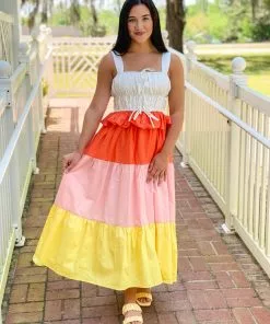 OO Boutique Dresses Color Block Tied Detail Shirring Dress (Multi)