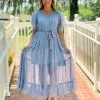 OO Boutique Bell Sleeve Tiered Maxi (Blue Pattern) Dresses