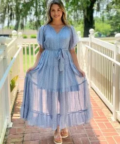 OO Boutique Bell Sleeve Tiered Maxi (Blue Pattern) Dresses
