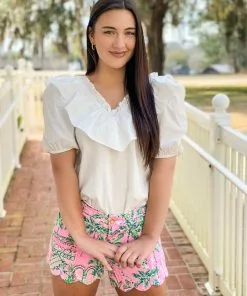 OO Boutique Ruffle Detail Puff Sleeve Top (White) Tops