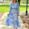 OO Boutique Dresses Smocked Tiered Maxi (Blue Ikat)