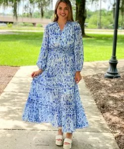 OO Boutique Dresses Smocked Tiered Maxi (Blue Ikat)