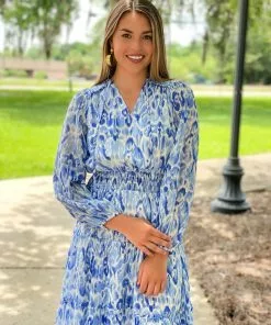 OO Boutique Dresses Smocked Tiered Maxi (Blue Ikat)