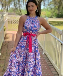 OO Boutique Dresses Tiered Halter Maxi Dress (Blue Floral)