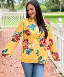 Beulah Style Floral Satin Blazer Jacket (Yellow)