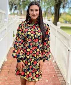 OO Boutique Floral Print Satin Mini Shirt Dress