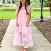 English Factory Organza Gridded Puff Sleeve Maxi Dress (Pink)