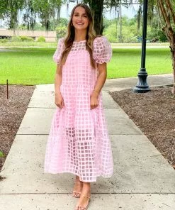 English Factory Organza Gridded Puff Sleeve Maxi Dress (Pink)