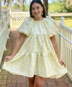 OO Boutique Floral Jacquard Tiered Midi High Low (Yellow) Dresses