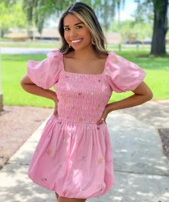 English Factory Floral Embroidery Smocked Dress (Pink Multi) Dresses