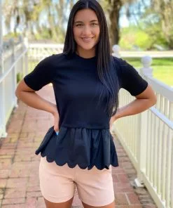 English Factory Tops Mixed Media Scallop Detail T-Shirt (Black)