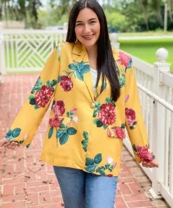Beulah Style Floral Satin Blazer Jacket (Yellow)