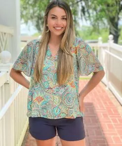 OO Boutique Tops V-Neck Smock Shou Top (Mosaic)