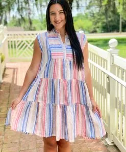 Uncle Frank Awning Stripe Tiered Dress (Multi) Dresses