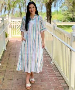 Brooke Wright Designs Dresses Henriette Caftan Dress (Skinny Rainbow Stripe)