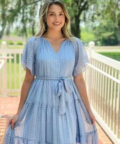 OO Boutique Bell Sleeve Tiered Maxi (Blue Pattern) Dresses