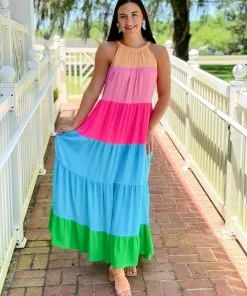 OO Boutique Tiered Halter Maxi Dress (Rainbow)