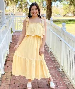 English Factory Midi Dress With Tied Shoulder (Yellow)