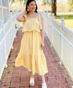 English Factory Midi Dress With Tied Shoulder (Yellow)