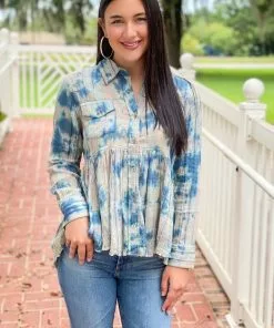 Ivy Jane Tie Dye Peplum Shirt (Blue) Tops