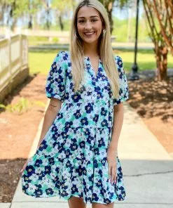 Joy Joy Spliced Neck Tiered Dress (Green Floral) Dresses