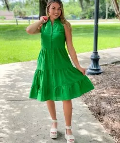 Jade Button Tiered Dress (Green) Dresses