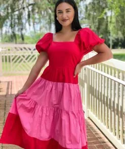 English Factory Dresses Color Block Puff Sleeve Maxi Dress (Red)