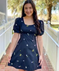 English Factory Floral Embroidery Mini Dress (Black)