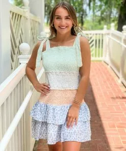 English Factory Floral Embroidery Colorblock Mini Dress (Pink)