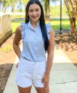 OO Boutique Ruffle Sleeveless Blouse (Blue Stripe)