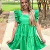 English Factory Ruffled Dress Smock Detail (Green) Dresses
