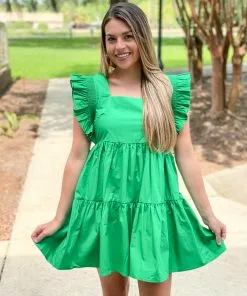 English Factory Ruffled Dress Smock Detail (Green) Dresses