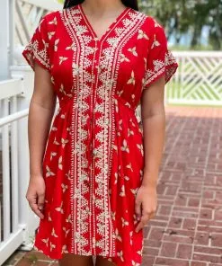 OO Boutique Dresses V-Neck Embroidered Dress (Red)